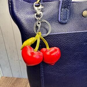 Genuine Leather Cherries Bag Charm Hand Painted Leather Cherry Keychain NEW!